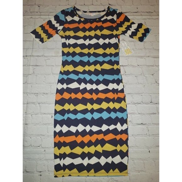Nwt Lularoe Julia Pencil Dress Women's Size XXS Bright Multi-Color ZigzZag Print - Picture 1 of 4